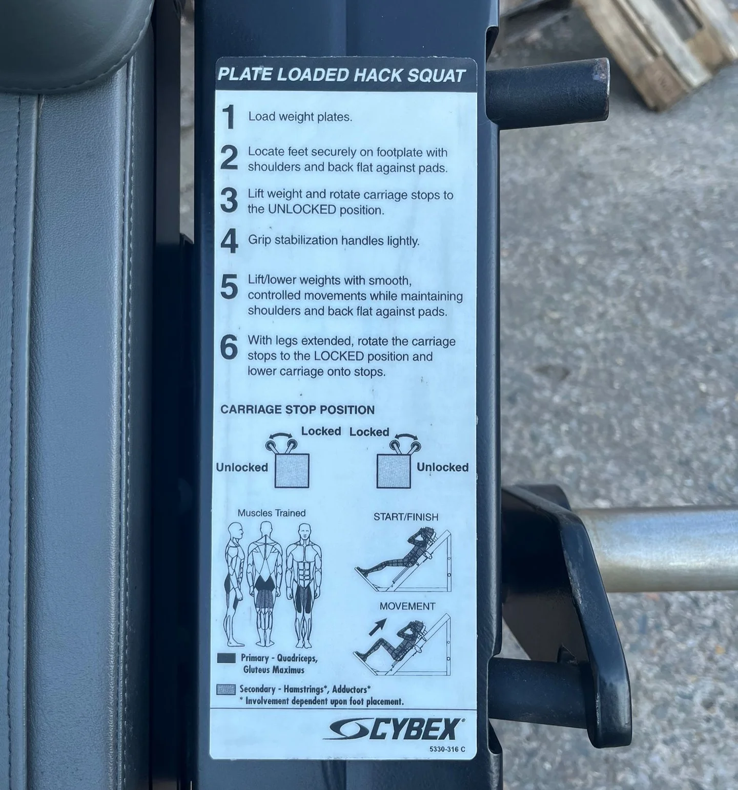 Cybex Plate Loaded Hack Squat instruction placard showing setup steps and muscles trained